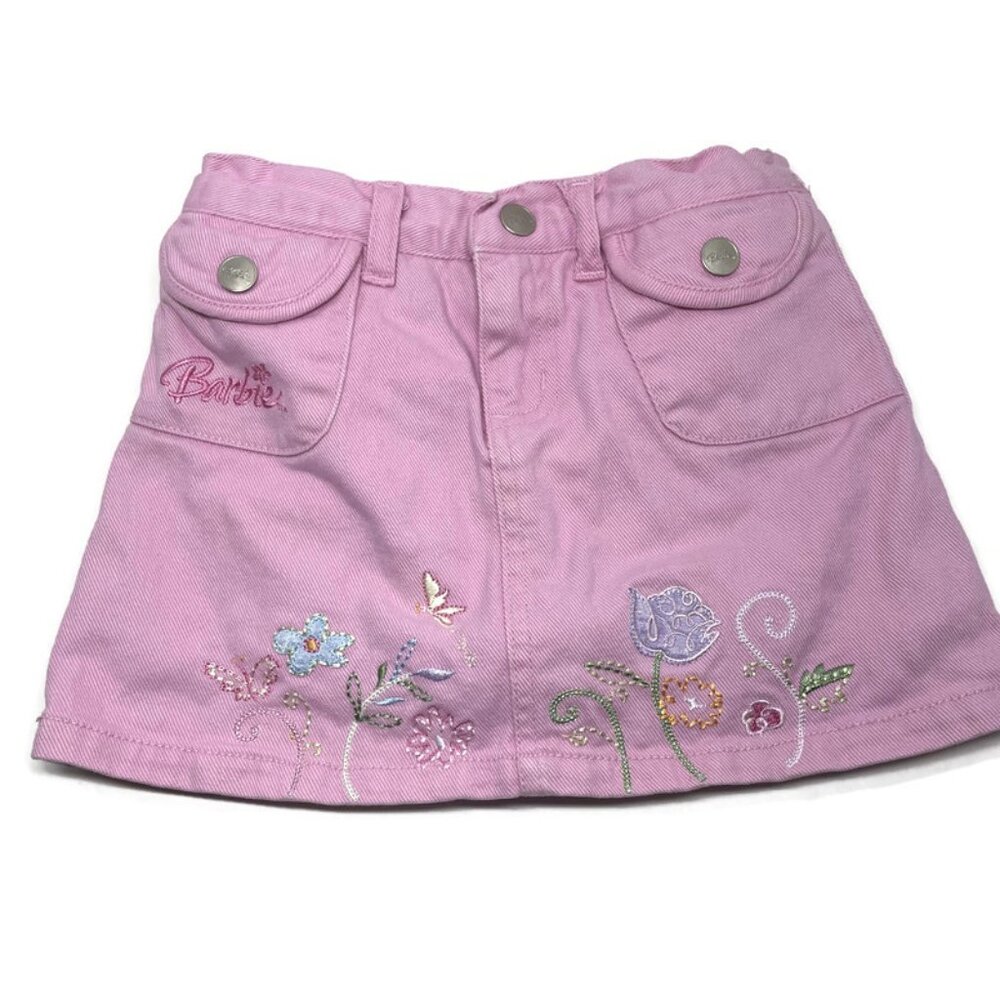 VTG Barbie Pink Embroidered Flower Denim Skort - Girls Size 5
